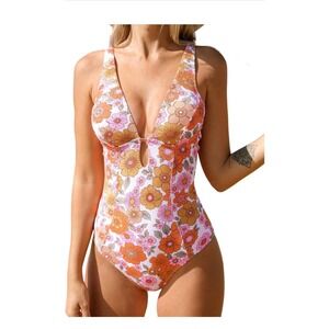 Cupshe Womens Floral One Piece Swimsuit Orange Purple Retro V-Neck L